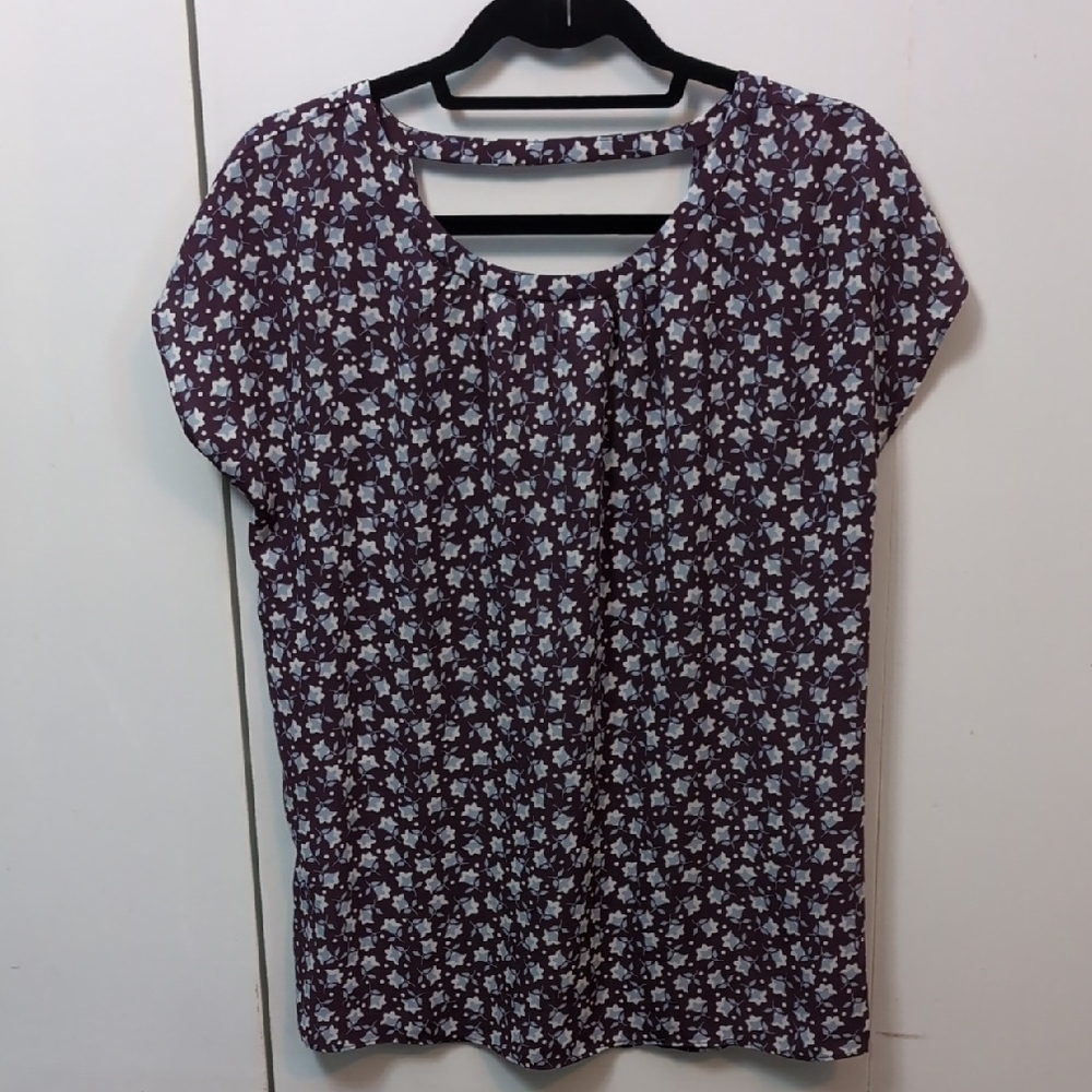 LOFT Purple Short Sleeve Blouse with Floral Print
